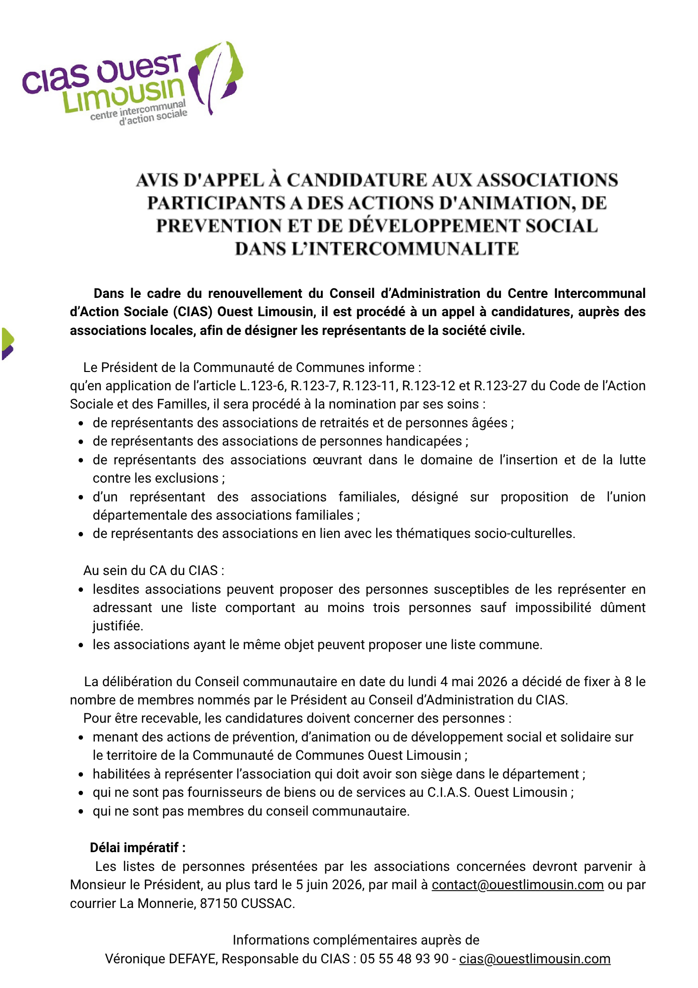 CIAS OUEST LIMOUSIN – Appel à candidatures