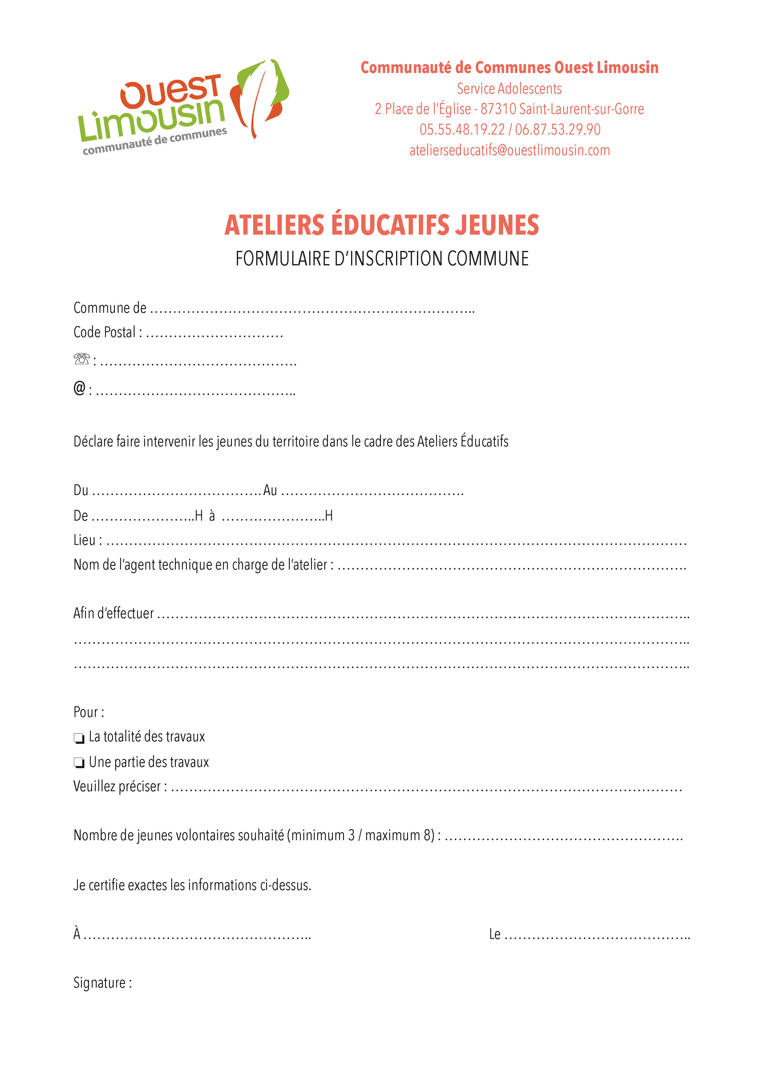 Formulaire d'inscriptions des communes aux ateliers éducatifs